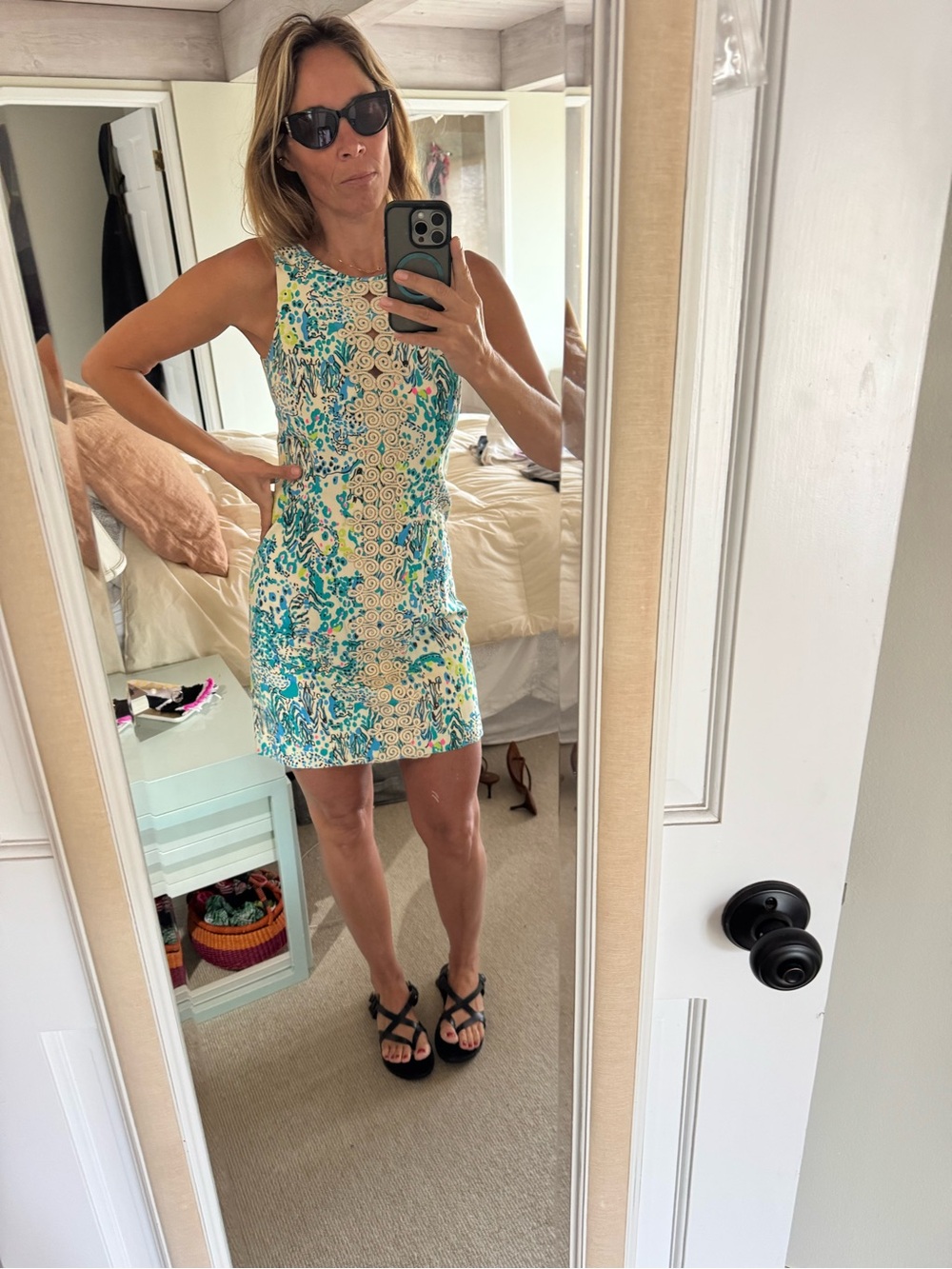 Lilly Pulitzer Teal, Cream & Yellow Floral Shift Dress - Picture 3 of 10